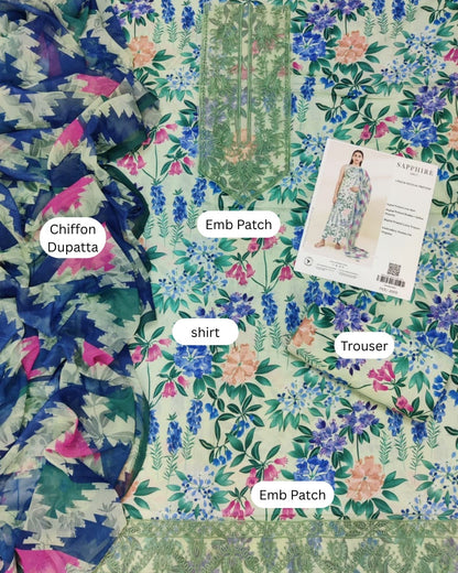Sapphire 3 Piece - Embroidered Lawn  Suit