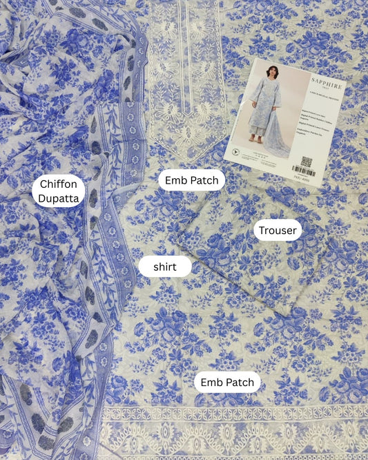 Sapphire 3 Piece - Embroidered Lawn  Suit