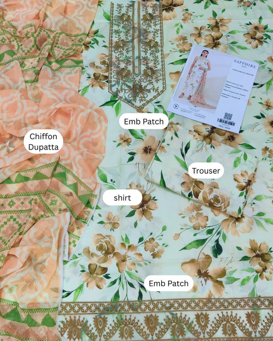 Sapphire 3 Piece - Embroidered Lawn  Suit